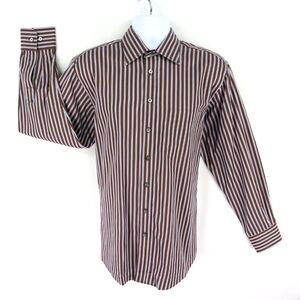 Scott Barber Dress Shirt Mens‎ Size L Brown Striped 100% Cotton Spread Collar